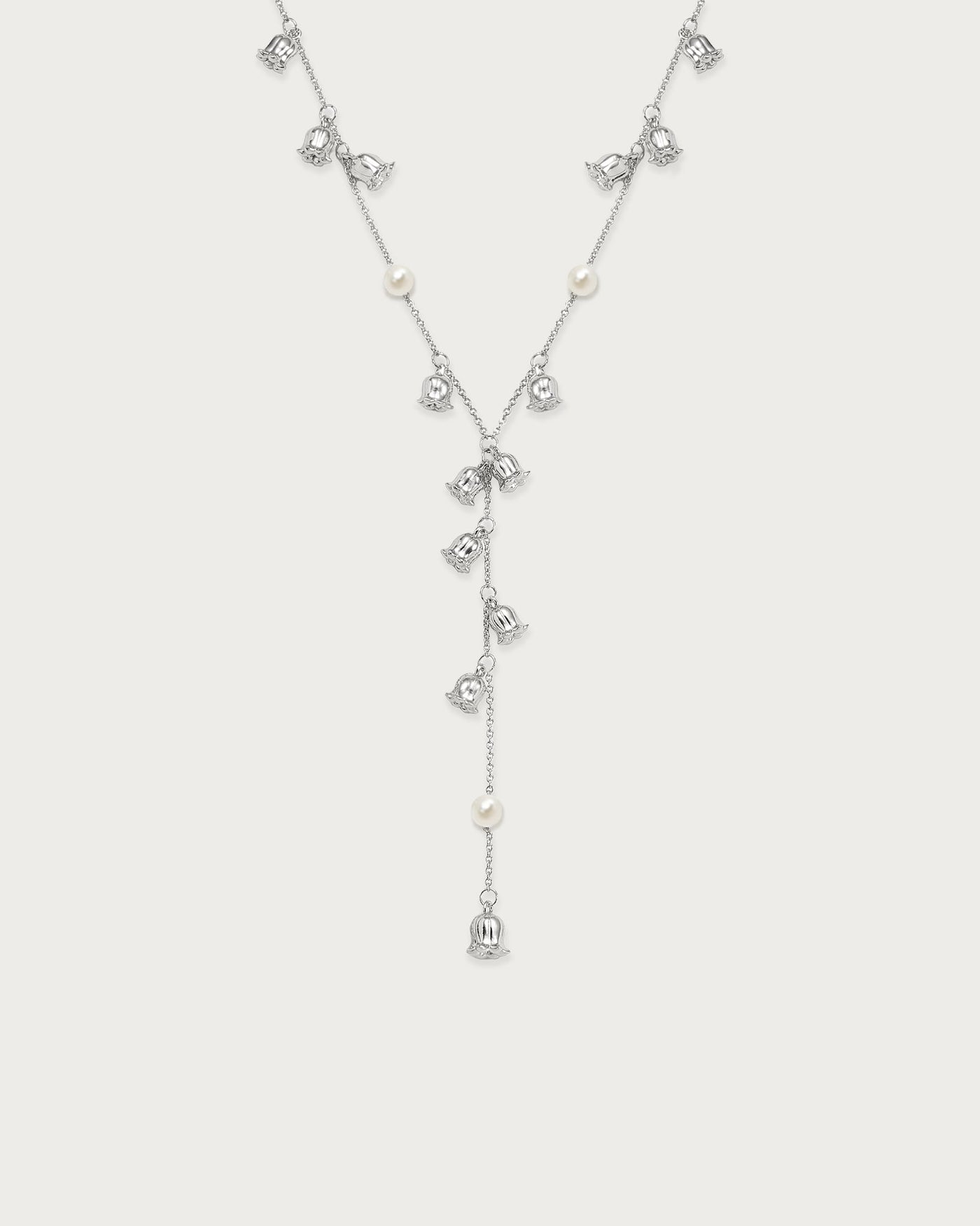 Lily of the Valley Pearl Lariat Necklace in Silver