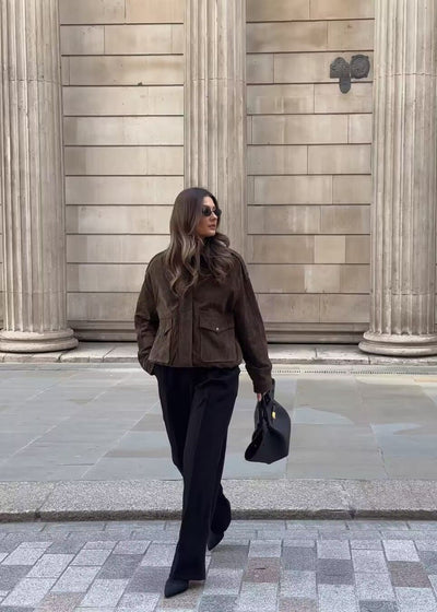 Suede-Effect Oversized Jacket with Front Pockets – Brown
