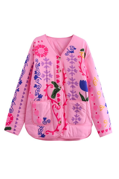 Cute Floral Print Pocket Jacket