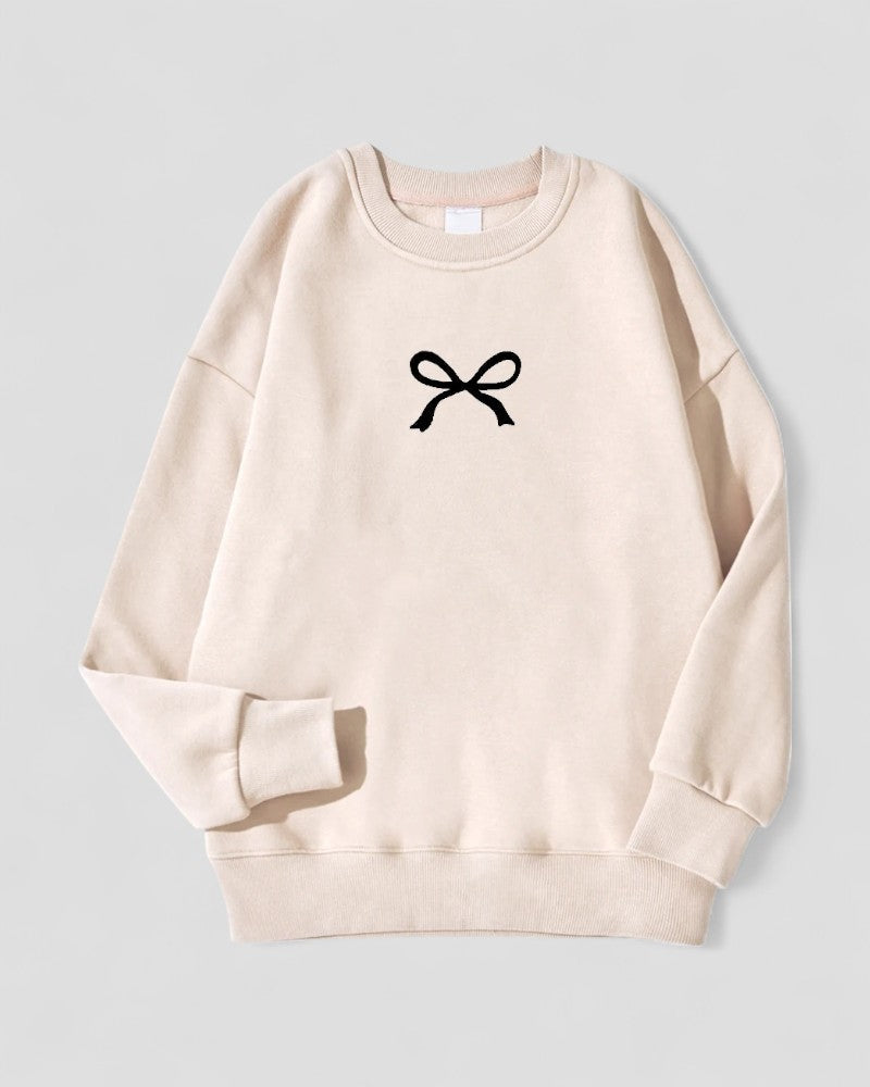 Fleece Lined Cotton Blend Oversized Bow Print Sweatshirt for Women
