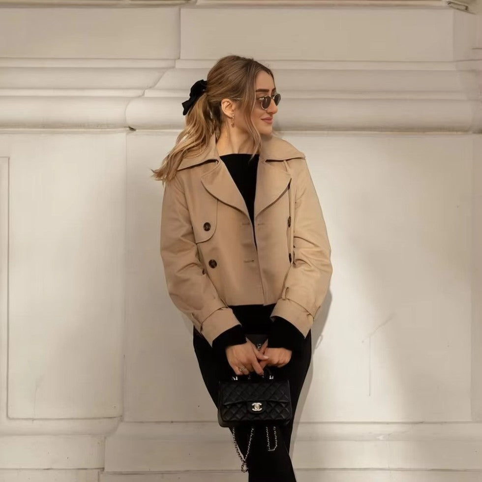 Women’s Cropped Trench Coat Double Breasted Long Sleeve Jacket