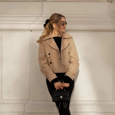 Women’s Cropped Trench Coat Double Breasted Long Sleeve Jacket