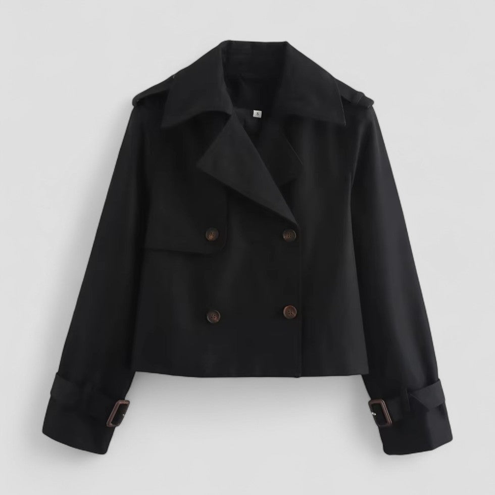Women’s Cropped Trench Coat Double Breasted Long Sleeve Jacket