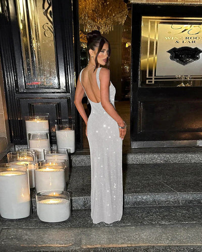 Sequin Lace Maxi Dress with Side Split for Evening Events