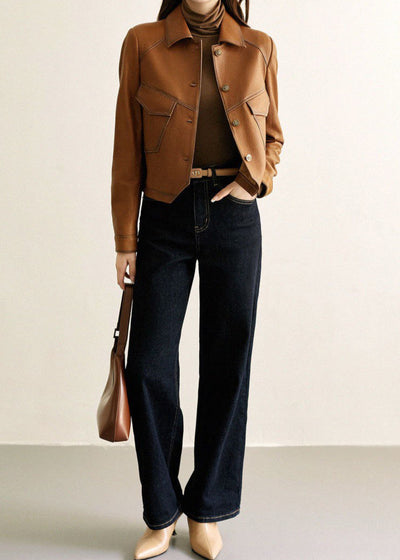 Sienna Faux Leather Jacket – Cropped Button-Up in Caramel Brown