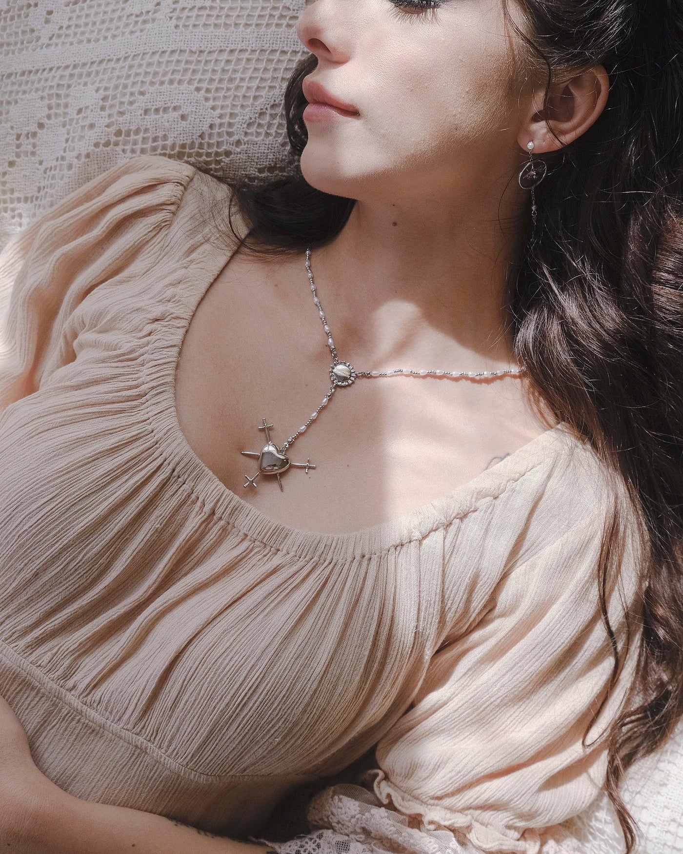 Three of Swords Rosary Necklace in Silver